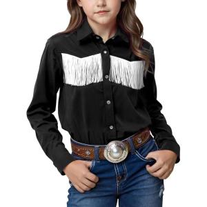 Noomelfish Girls Fringe Snap Button Down Western Shirt Cowgirl Long Sleeve Blouse Tops (5-12 Years)(Black)