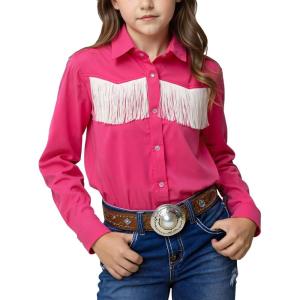 Noomelfish Girls Fringe Snap Button Down Western Shirt Cowgirl Long Sleeve Blouse Tops (5-12 Years)(Hot Pink)