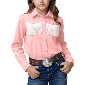 Noomelfish Girls Fringe Snap Button Down Western Shirt Cowgirl Long Sleeve Blouse Tops (5-12 Years)(Pink)