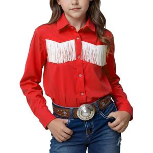 Noomelfish Girls Fringe Snap Button Down Western Shirt Cowgirl Long Sleeve Blouse Tops (5-12 Years)(Red)