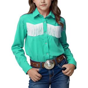 Noomelfish Girls Fringe Snap Button Down Western Shirt Cowgirl Long Sleeve Blouse Tops (5-12 Years)(Teal Blue)