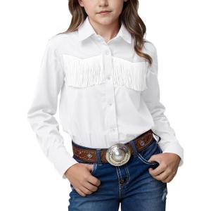 Noomelfish Girls Fringe Snap Button Down Western Shirt Cowgirl Long Sleeve Blouse Tops (5-12 Years)(White)