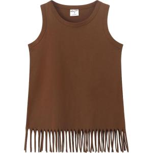 Noomelfish Girls Fringe Tank Tops Cotton Summer Sleeveless Shirts (5-12 Years)(Brown)