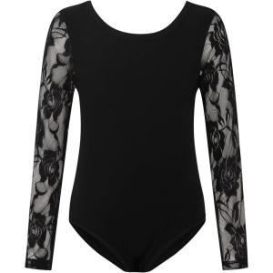 Noomelfish Girls Lace Long Sleeve Dance Leotard Toddler Mesh Ballet Bodysuit Gymnastics Outfits (4-12 Years)(Black)