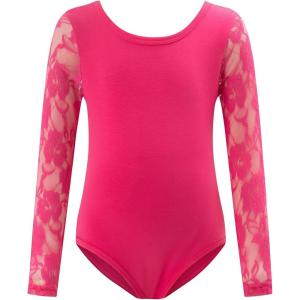 Noomelfish Girls Lace Long Sleeve Dance Leotard Toddler Mesh Ballet Bodysuit Gymnastics Outfits (4-12 Years)(Hot Pink)