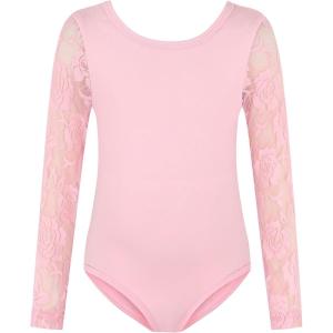 Noomelfish Girls Lace Long Sleeve Dance Leotard Toddler Mesh Ballet Bodysuit Gymnastics Outfits (4-12 Years)(Pink)
