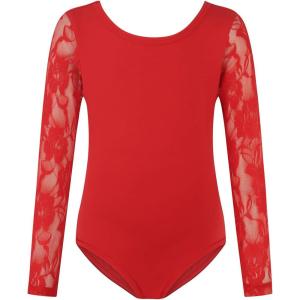Noomelfish Girls Lace Long Sleeve Dance Leotard Toddler Mesh Ballet Bodysuit Gymnastics Outfits (4-12 Years)(Red)