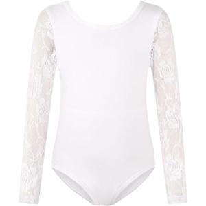 Noomelfish Girls Lace Long Sleeve Dance Leotard Toddler Mesh Ballet Bodysuit Gymnastics Outfits (4-12 Years)(White)