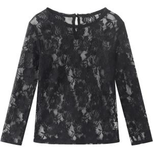 Noomelfish Girls Lace Long Sleeve Layering Tops Sheer Mesh Tee Shirts Blouse (5-12 Years)(Rose Black)