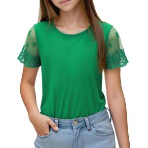 Noomelfish Girls Lace Short Sleeve T-Shirts Kids Summer Cute Tops Blouse(5-12 Years)(Sfloralgreen)