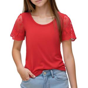 Noomelfish Girls Lace Short Sleeve T-Shirts Kids Summer Cute Tops Blouse(5-12 Years)(Sfloralred)