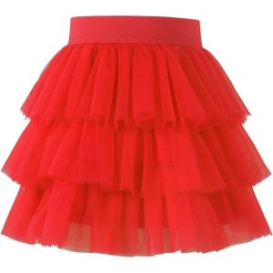 Noomelfish Girls Layered Tutu Skirt Ruffle Tiered Tulle Party Dance Skirt (3-10 Years)(Red)