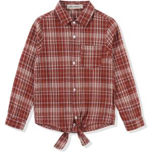 Noomelfish Girls Long Sleeve Button Down Shirt Tie Front Blouse Tops (5-14 Years)(Burgundy Plaid)