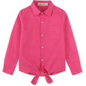 Noomelfish Girls Long Sleeve Button Down Shirt Tie Front Blouse Tops (5-14 Years)(Hot Pink)