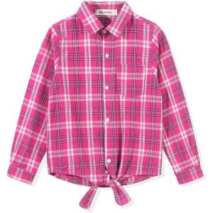 Noomelfish Girls Long Sleeve Button Down Shirt Tie Front Blouse Tops (5-14 Years)(Hot Pink Plaid)