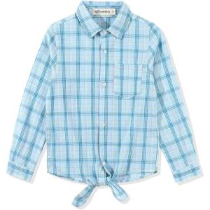 Noomelfish Girls Long Sleeve Button Down Shirt Tie Front Blouse Tops (5-14 Years)(Light Blue Plaid)