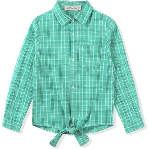 Noomelfish Girls Long Sleeve Button Down Shirt Tie Front Blouse Tops (5-14 Years)(Light Green Plaid)
