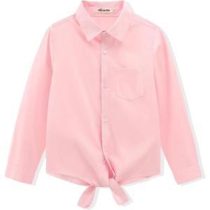 Noomelfish Girls Long Sleeve Button Down Shirt Tie Front Blouse Tops (5-14 Years)(Light Pink)