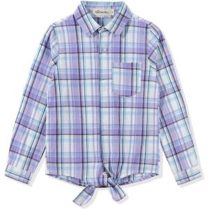 Noomelfish Girls Long Sleeve Button Down Shirt Tie Front Blouse Tops (5-14 Years)(Light Purple Plaid)