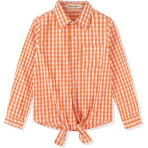 Noomelfish Girls Long Sleeve Button Down Shirt Tie Front Blouse Tops (5-14 Years)(Orange Gingham)
