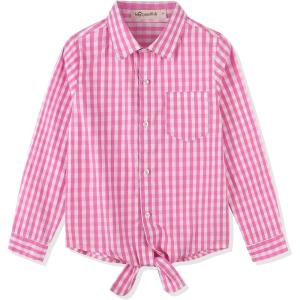 Noomelfish Girls Long Sleeve Button Down Shirt Tie Front Blouse Tops (5-14 Years)(Pink Gingham)