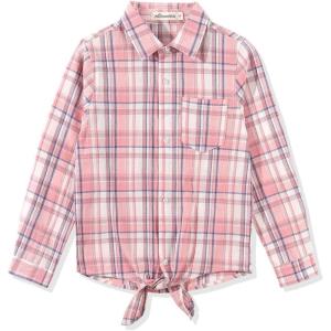 Noomelfish Girls Long Sleeve Button Down Shirt Tie Front Blouse Tops (5-14 Years)(Pink Plaid)