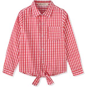 Noomelfish Girls Long Sleeve Button Down Shirt Tie Front Blouse Tops (5-14 Years)(Red Gingham)