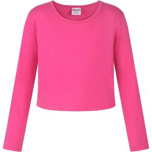 Noomelfish Girls Long Sleeve Crop Tops Kids Cute Dance Cropped T-Shirts (5-14 Years) (5-12 Years)(Hot Pink)