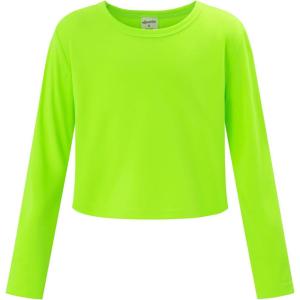 Noomelfish Girls Long Sleeve Crop Tops Kids Cute Dance Cropped T-Shirts (5-14 Years) (5-12 Years)(Neon Green)
