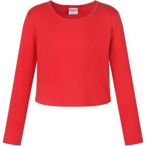 Noomelfish Girls Long Sleeve Crop Tops Kids Cute Dance Cropped T-Shirts (5-14 Years) (5-12 Years)(Red)
