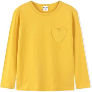 Noomelfish Girls Long Sleeve Heart Pocket T-Shirts Casual Cotton Tee Tops Blouse (5-12 Years)(Gold Yellow)