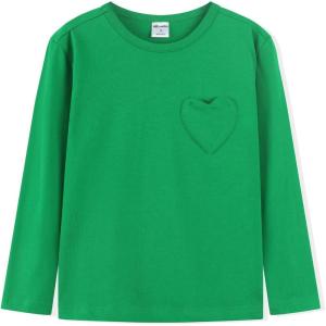 Noomelfish Girls Long Sleeve Heart Pocket T-Shirts Casual Cotton Tee Tops Blouse (5-12 Years)(Green)