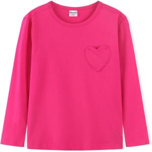Noomelfish Girls Long Sleeve Heart Pocket T-Shirts Casual Cotton Tee Tops Blouse (5-12 Years)(Hot Pink)