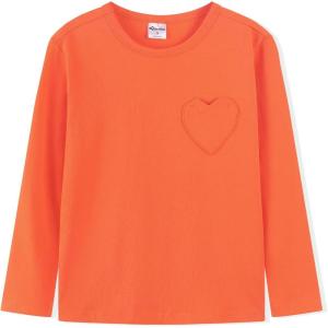 Noomelfish Girls Long Sleeve Heart Pocket T-Shirts Casual Cotton Tee Tops Blouse (5-12 Years)(Orange)