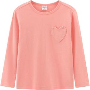 Noomelfish Girls Long Sleeve Heart Pocket T-Shirts Casual Cotton Tee Tops Blouse (5-12 Years)(Pink)