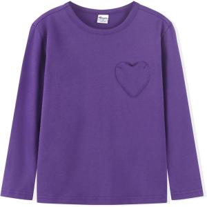 Noomelfish Girls Long Sleeve Heart Pocket T-Shirts Casual Cotton Tee Tops Blouse (5-12 Years)(Purple)