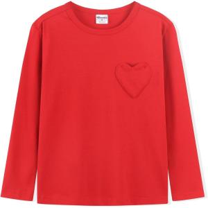 Noomelfish Girls Long Sleeve Heart Pocket T-Shirts Casual Cotton Tee Tops Blouse (5-12 Years)(Red)