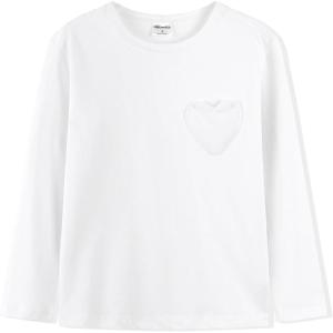 Noomelfish Girls Long Sleeve Heart Pocket T-Shirts Casual Cotton Tee Tops Blouse (5-12 Years)(White)