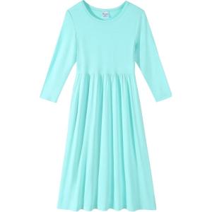 Noomelfish Girls Long Sleeve Maxi Dress Solid Color Casual Long Dresses with Pockets (4-12 Years)(Blue)