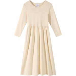 Noomelfish Girls Long Sleeve Maxi Dress Solid Color Casual Long Dresses with Pockets (4-12 Years)(Khaki)