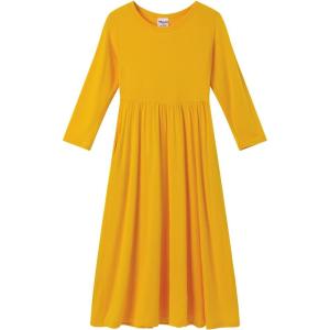 Noomelfish Girls Long Sleeve Maxi Dress Solid Color Casual Long Dresses with Pockets (4-12 Years)(Mustard)