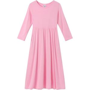 Noomelfish Girls Long Sleeve Maxi Dress Solid Color Casual Long Dresses with Pockets (4-12 Years)(Pink)