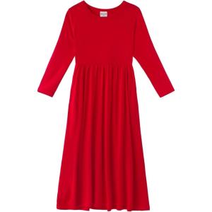 Noomelfish Girls Long Sleeve Maxi Dress Solid Color Casual Long Dresses with Pockets (4-12 Years)(Red)