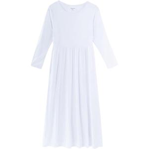 Noomelfish Girls Long Sleeve Maxi Dress Solid Color Casual Long Dresses with Pockets (4-12 Years)(White)