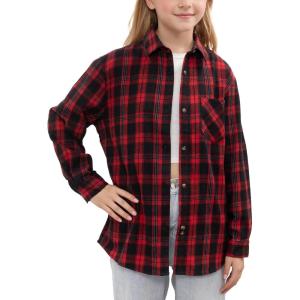 Noomelfish Girls Plaid Flannel Oversized Shirt Teen Long Sleeve Button Down Blouse Tops (7-14 Years)(Black Red Plaid)