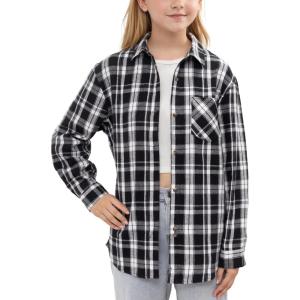 Noomelfish Girls Plaid Flannel Oversized Shirt Teen Long Sleeve Button Down Blouse Tops (7-14 Years)(Black White Plaid)