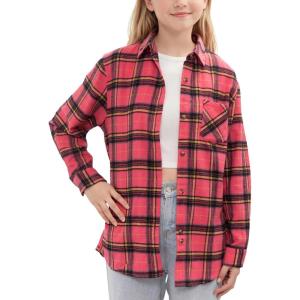 Noomelfish Girls Plaid Flannel Oversized Shirt Teen Long Sleeve Button Down Blouse Tops (7-14 Years)(Hot Pink Plaid)