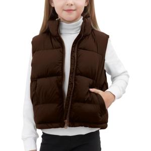 Noomelfish Girls Puffer Vest Kids Winter Warm Quilted Padded Outerwear Sleeveless Jacket Coat (5-12 Years)(Brown)
