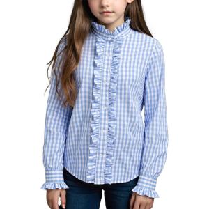 Noomelfish Girls Ruffle Button Down Uniform Dress Shirts Kids Plaid Western Long Sleeve Blouse Tops (5-14 Years)(Blue Gingham)