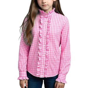 Noomelfish Girls Ruffle Button Down Uniform Dress Shirts Kids Plaid Western Long Sleeve Blouse Tops (5-14 Years)(Pink Gingham)